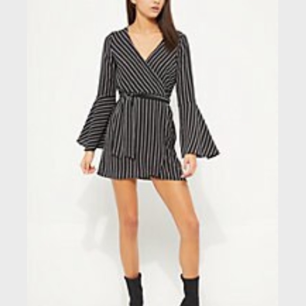 Black Striped Bell Sleeves Wrap Dress